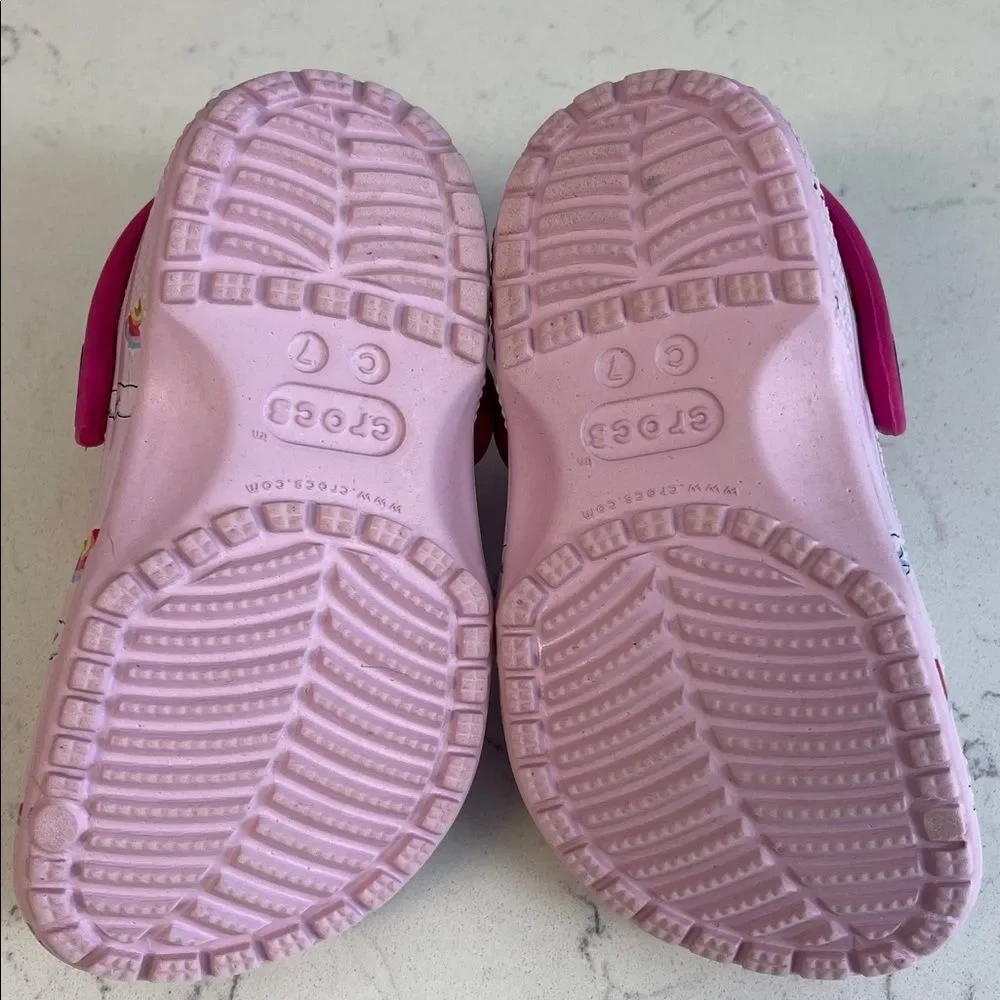 CROCS Kids Light Pink Clogs with Rainbow & Cloud Design Size 7